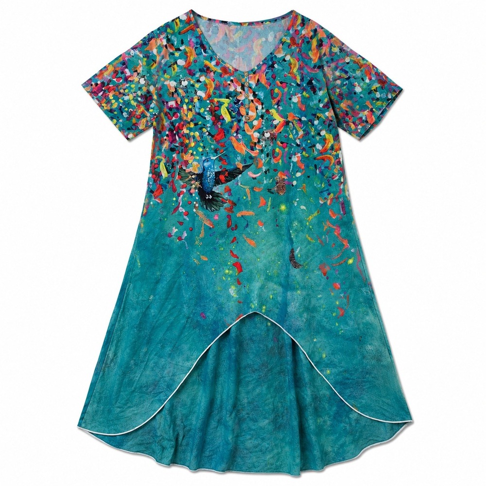 Hummingbird Graphic High‎ Low Tulip Maxi Dress Teal Rainbow Plus size Maximalist